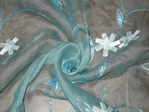 Tissu organza 100 % soie brodée bleu 111,8 cm pour confectionner vos robes de soirée de mariage
