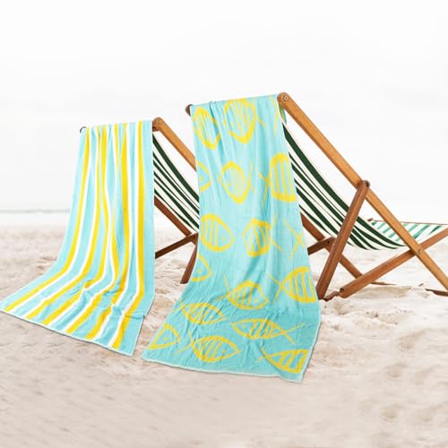 Casa Copenhagen Serviettes de Bain Miami, Ensemble de 2 Serviettes en Coton, séchage Rapide et durables, 76 x 152 cm - Motif Poissons Bleu-Vert et Rayures...