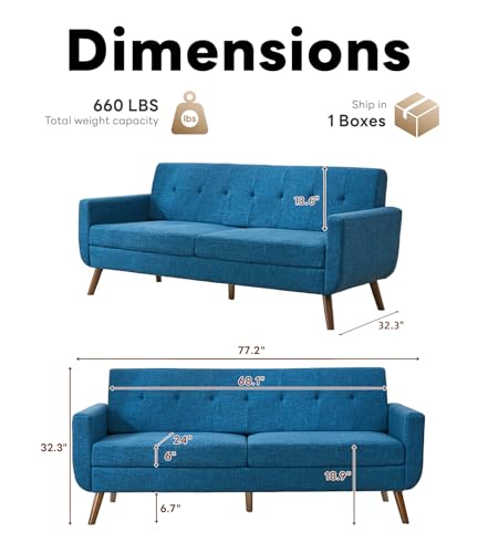 Tbfit 77.2" W Linen Sofa Couch, Mid Century Modern Decor Loveseat Couches for Living Room, Button Tufted Upholstered Small Couch for Bedroom, Solid, and Easy to Install Love Seats Furniture, Blue