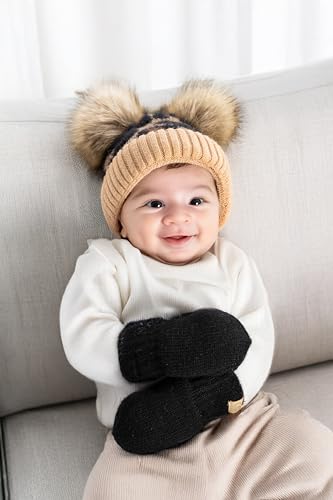 Funky Junque Baby Pom Beanie & Fleece Mittens Set - Warm Winter Essentials - Spring Colors, Classic Neutrals, Pattern Styles3