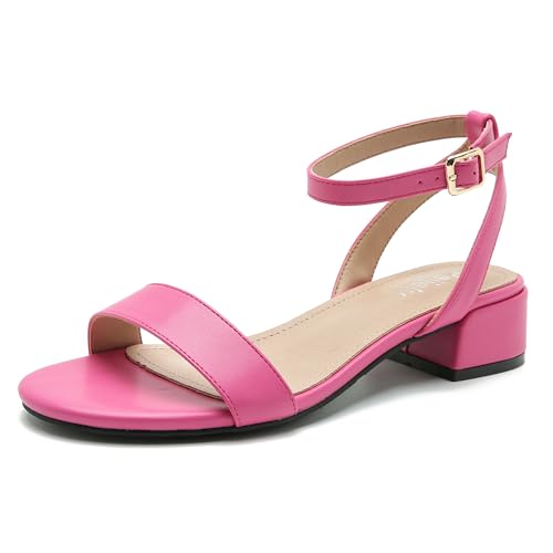 Image of Women's Ankle Strap Sandals, Low Block Heel, Open Toe Summer Dress Shoes with Buckle Closure