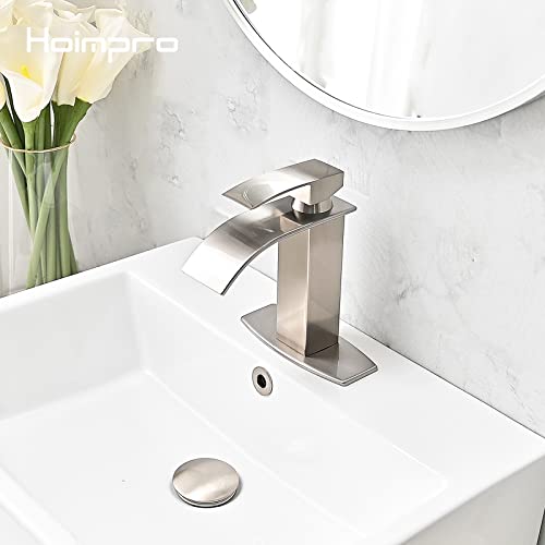 Hoimpro Waterfall Spout Brushed Nickel Single Hole Bathroom Faucet,Single Handle Bathroom Vanity Sink Faucet, Rv Lavatory Vessel Faucet With 6 Inch Deck Plate, Solid Brass #TOP1