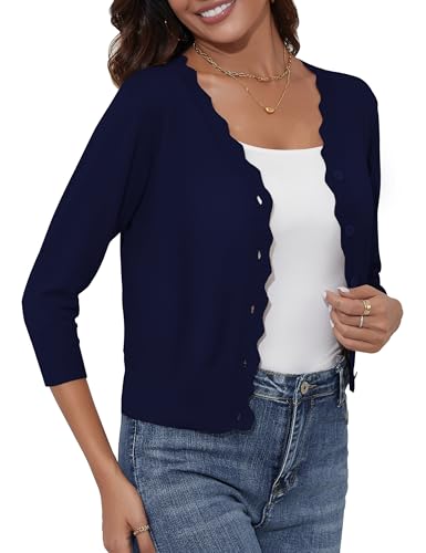 Image of Women's Cropped Cardigans 3 /4 Sleeve Button Down Lightweight Cardigan Sweaters Scalloped Edged Bolero Shrugs