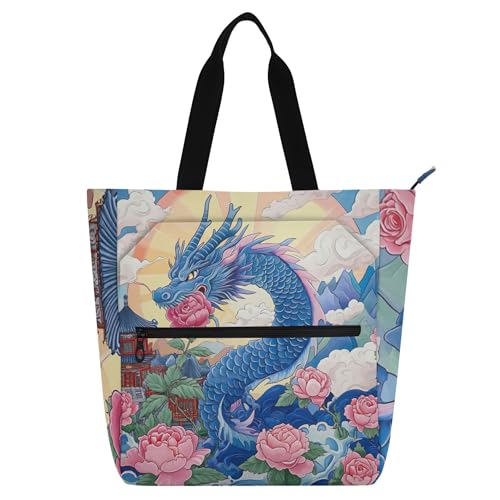 GAIGEO Sacola floral asiática dragão azul para mulheres, crianças, trabalho, escola, reutilizável, para amantes de livros, bolsa com zíper