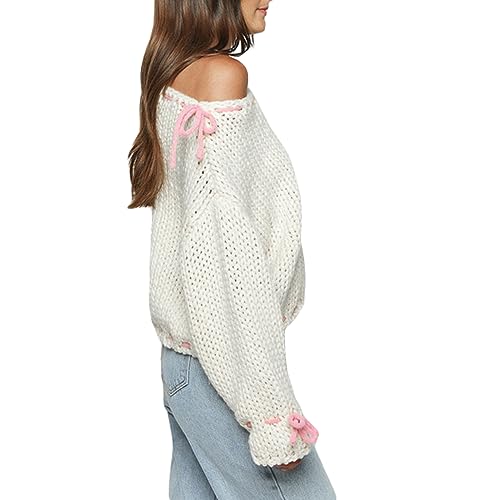 Women's Chunky Knit Off Shoulder Sweater Casual Long Sleeve Oversized Pullover Jumper Top Y2K Fashion Sweater3