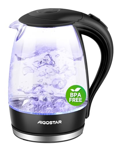 Aigostar Adam - Wasserkocher Glas 1,7 Liter, 2200 Watt, LED-Beleuchtung, 100{9ac51a049c10e817467e0e065c2e875143dfc431e885c653b86d1828ec8db647} BPA Frei, Verdicktes Borosilikatglas Wasserkocher mit Kalkfilter, 360° Edelstahl Sockel, Trockenaufschutz, Schwarz Aigostar Adam - Wasserkocher Glas 1,7 Liter, 2200 Watt, LED-Beleuchtung, 100{9ac51a049c10e817467e0e065c2e875143dfc431e885c653b86d1828ec8db647} BPA Frei, Verdicktes Borosilikatglas Wasserkocher mit Kalkfilter, 360° Edelstahl Sockel, Trockenaufschutz, Schwarz