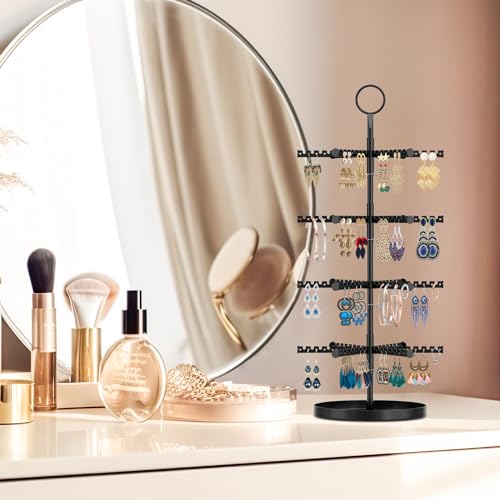 Image of MODOWEY 4 Tier Metal Rotating Earring Holder Organizer Stand Adjustable Display Tree for Women, 384 Holes and Grooves Rack Tower for Pierced Dangle, Large Capacity Space-Saving Jewelry Hanger, Black