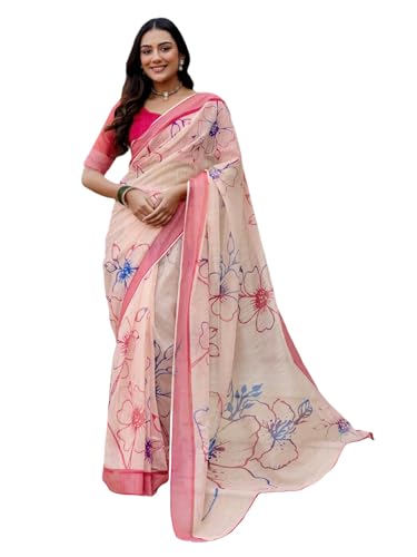 Image of SIRIL Women's Printed Cotton Linen One Minute Ready to Wear Saree With Unstitched Blouse Piece
