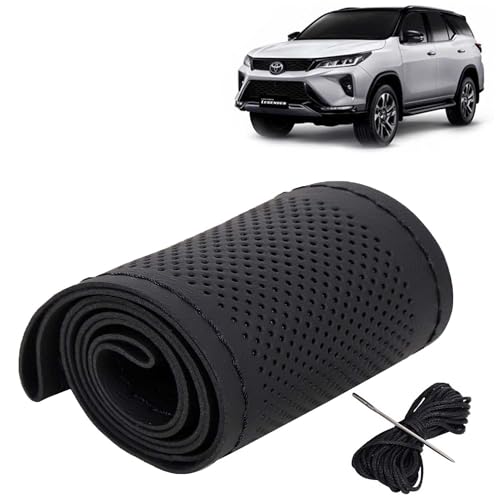 Image of KINGSWAY PU Leatherite Car Steering Cover Sewable Compatible with Toyota Fortuner (Year 2021 Onwards), Black Color with Black Thread, Pack of 1 with Sewing Needle and Thread