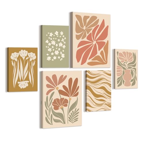 WENGTIAO 6 Piezas Boho Vintage Floral Cuadros Enmarcados, Minimalista Coloridas Florales Pintura sobre Lienzo Cuadros Decoracion Salon Modernos Dormitorios Decoracion Hogar Pared