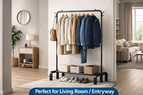 Image of Raawan Heavy Duty Double Rod Clothes Rack with Side Storage Shelves | Metal Garment Stand Organizer | Space Saving Cloth Hanger Stand for Bedroom, Living Room & PG (1 LAYER BLACK)