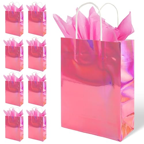 BLEWINDZ 32Pcs Small Paper Gift Bags with Tissues, Iridescent Party Favor Bags with Handles, Holographic Silver Gift Bag for Wedding Baby Shower Birthday Party Supplies