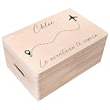 Creative DECO Caja Personalizada para Recuerdos de Viaje | Cesta de Madera con Tapa 30 x 20 x 14 cm | Motivo Avión | Regalo para Cumpleaños, Navidad | para Guardar Recuerdos, Fotos de Vacaciones