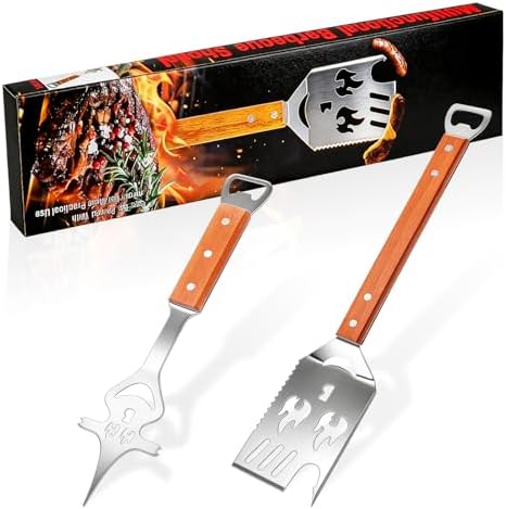 2 Stück Grillwerkzeug 8 in 1 Grill Zubehör Grillbesteck mit Holzgriff Edelstahl Grillzubehör Grillen Geschenke für Männer Grillfans Papa Geburtstagsgeschenk