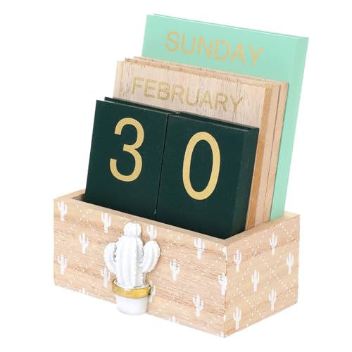 Desk Perpetual Block Calendar Retro Wooden Calendar Daily Display Desktop Blocks Aesthetic Cute Green Cactus Decor Rustic Decoration Accessories for Livingroom Home Farmhouse Office