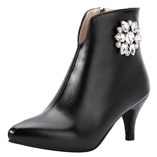 Lroey Reoly Bottines Talon de Chaton Femme, Bottes de Fête Talons Hauts Pointu Bottines Zip Strass 257 Noir/Br Taille 47 EU