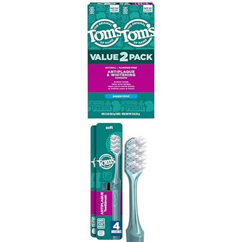 Tom's of Maine Bundle: (2) Fluoride-Free Antiplaque & Whitening Toothpaste, Peppermint, 5.5 oz + (4) Antiplaque Adult Soft Toothbrushes, Recycled Handle, BPA-Free Multi-Height Bristles