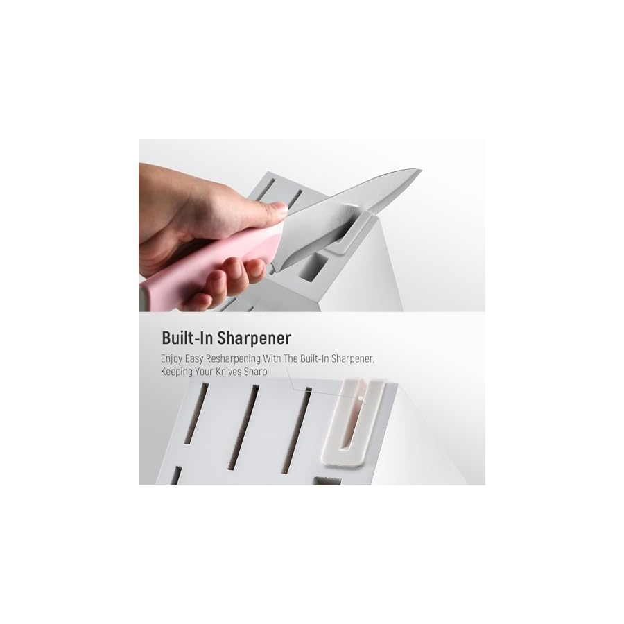 IKRUTO 15-Piece Kitchen Knife Set with Block, Built-in Sharpener, Anti-Slip Handle, Non-Slip Base – Professional Chef Knife Set for Effortless Cooking（Pink White）