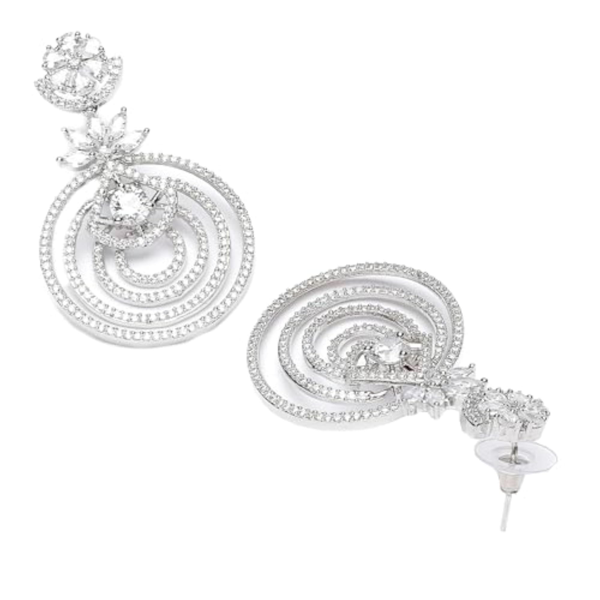 Rhodium-Plated Floral & Circular Layered Drop Earrings