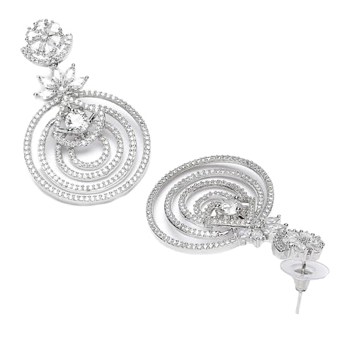 Rhodium-Plated Floral & Circular Layered Drop Earrings