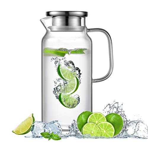 Jarra de agua de cristal Ehugos, jarra de agua de 1,8 L, sin goteo, con tapa para agua caliente/fría, té helado y jugo de bebidas