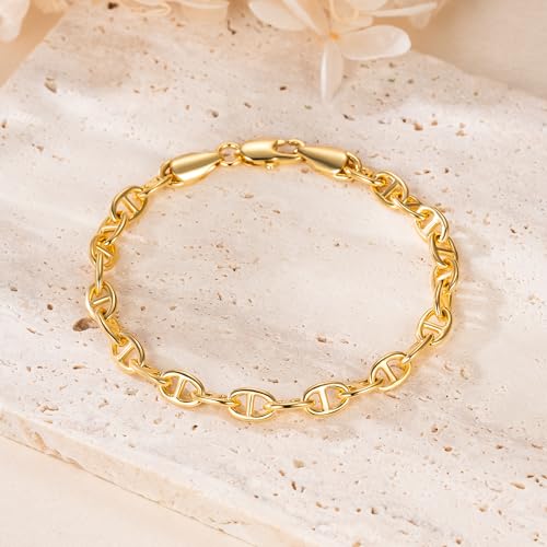 14K Gold Bracelets for Women Dainty Gold Bracelets for Womens Bracelet Flat Mariner Link Chain Bracelet for Women Men 6.5/7/7.5/8/9in4