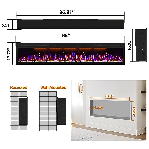 Image of 88-Inch Electric Fireplace, Recessed or Wall-Mounted Linear Heater, Ultra-Slim Frame, 1500W, 3 Flame Colors and 3 Top Lights, Log and Crystal Media, Remote, 1-9H Timer