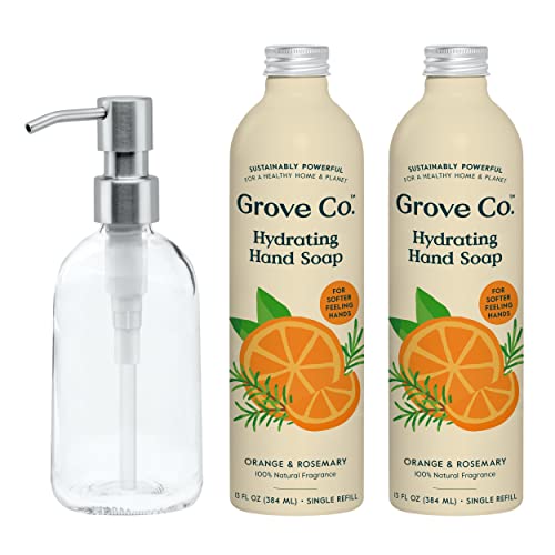 Grove Co. Hydrating Gel Hand Soap Refills (2 X 13 Fl Oz) + 1 X Reuseable Glass Soap Dispenser, Plastic-Free & Liquid Refillable Starter Kit, Natural Orange & Rosemary Fragrance #TOP19