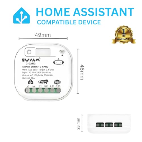 Image of Home Assistant-Compatible 2-Gang WiFi Smart Switch by SWYAM | Made in India | Local Automation & Scene Control | No Hub Required | Control Lights & Appliances | 1 Year Warranty