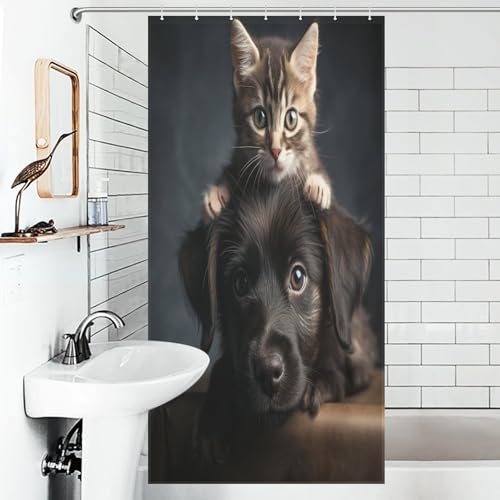 Rideau de douche chat mignon tissu polyester imperméable avec 12 crochets 92x183cm - 6