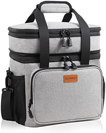 GLENKEY Double Decker Large Lunch Box, Insulated Heavy Duty Lunch Bag Waterproof Leakproof Durable Cooler Bag for Men Women Adults Work Picnic Camping Day Trip, 16L, Grey