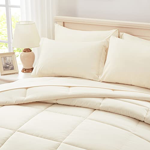 Anluoer Queen Size Bed In A Bag 7 Pieces, Cream White Bed Comforter Set With Comforter And Sheets, All Season Bedding Sets With 1 Comforter,2 Pillow Shams,2 Pillowcases, 1 Flat Sheet,1 Fitted Sheet #TOP3