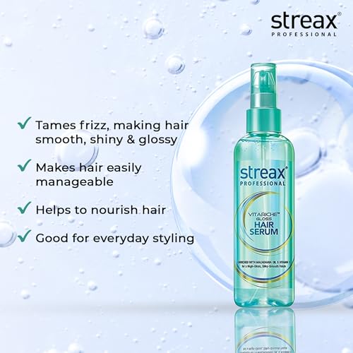 Image of Streax Professional Vitariche Gloss Hair Serum,75 ml| Frizz-Free Hair | Enhance Shine and Smoothness | With Vitamin E & Macadamia Oil| | For All Hair Types