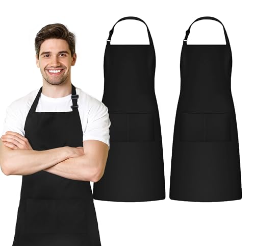 Avalon Kitchen Black Apron with Pockets, Bib Aprons, Aprons Bulk, Waterdrop Resistant, Adjustable Neck Strap & Long Ties, 100% Polyester.