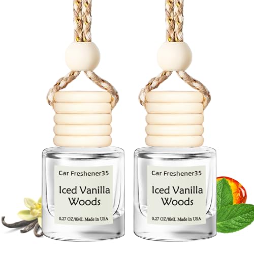 Image of Hanging Car Air Freshener, Long Lasting Essential Oil Diffuser, Non-Toxic Iced Vanilla Woods Scent, Cute Car Fresheners for Women, 2 Pack Made in USA