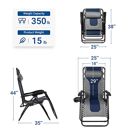 Coastrail Outdoor Zero Gravity Chair Padded Adjustable Folding Reclining Lounge Chair Recliners With Pillow And Side Table For Patio, Lawn & Outdoor Camping, Supports 350 Lbs, Gray&Blue #TOP2