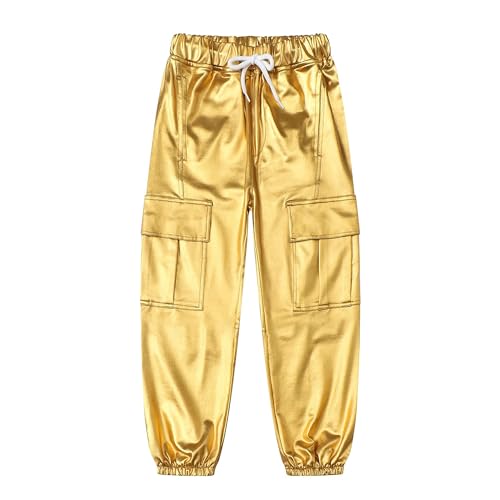 Image of Betusline 2 PCS T Shirt and Gold Cargo Pants Outfits Multi-Pocket Elastic Waist Pull on Cargo Pants, 3 Piece Clothes Set for Girls, 9-10 Years = Tag 150