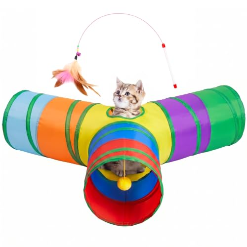 Image of Tempcore Cat Tunnel, 3-Way Collapsible Toy, Large Size Rainbow | Large Size 3-Way Cat Tunnel Provides More Room for Cats to Run, Hide and Chase, with Peek Holes, Hanging Ball and Teaser Wand