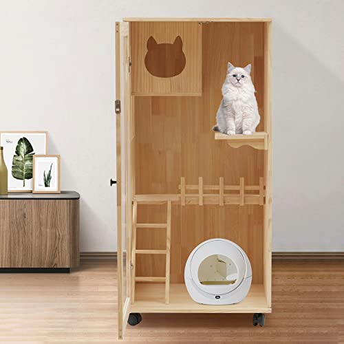Large Wooden Cat House,Luxury Multi Feature Cat Condo,Outdoor and Indoor Cat House,Oversized Cat Villa on Wheels with Cat Scratching Posts,Suitable for Families with Cat,Cat Cafe,Pet Hospital Wood - Thumbnail 2