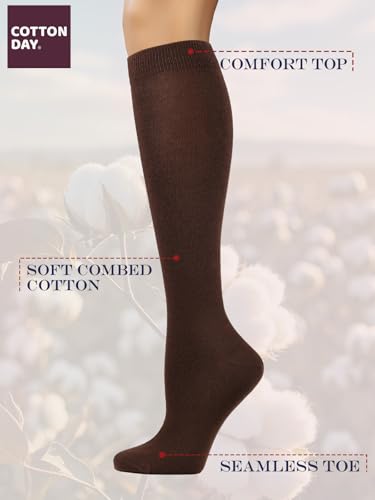 Image of COTTON DAY Women's Soft Combed Cotton Knee High Long Calf Dress Socks Seamless Toe Black White Gray Navy Blue Brown 3 Pack