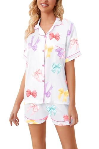 Image of Schbbbta Girls Womens Pajamas, Satin Silky Pjs Set Kids 2Pcs Button-Down Nightwear Sleepwear Gift for Mommy and me