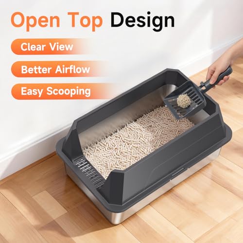 TEVILA Stainless Steel Litter Box with High Sides, XL High Sided Cat Litter Pan, Open Top Extra Large Metal Cat Litter Box, Non-Stick, Odor Free, Leakproof, Scoop Included, Gray - Thumbnail 6
