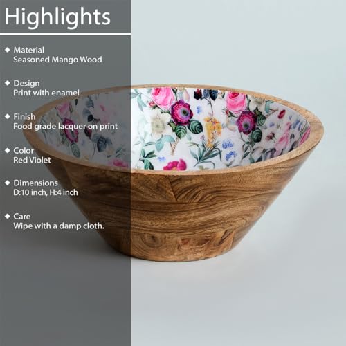 Image of SAAGA Handcrafted Mango Wood Serving Bowl - 10x4 Inch Printed Round Bowl | Food-Grade Finish for Noodles, Soups, Curries & Snacks - Red Violet
