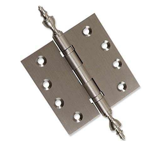 Solid Brass Architectural Door Hinges – 2 Vintage Decorative Cap Mortise Hinges, Ball Bearings, And Stainless Steel Hinge Pin – Home Decor By Embassy, 4.5 X 4.5 In., Satin Nickel #TOP2