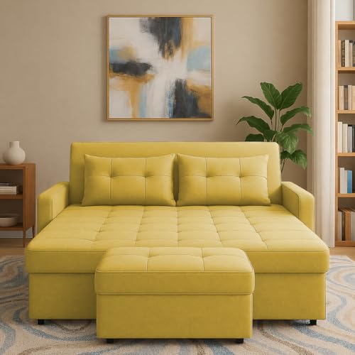 Image of Emilio 2-Seater Sofa Cum Bed for Living Room, Office & Home with Center Table | Premium Fabric Pull-Out Sofa Set with 1 Year Warranty | Space Saving Convertible Sleeper Sofa | Yelllow Colour