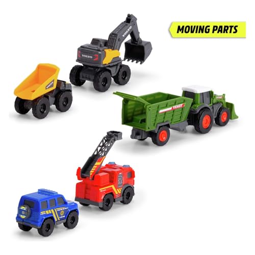 Dickie Toys - 5er-Set Micro Spielzeugautos (je ca. 8 cm) - 5 Autos (Polizei, Feuerwehr, Bagger, Traktor mit Anhänger und Muldenkipper) mit Freilauf und beweglichen Teilen für Kinder ab 3 Jahre