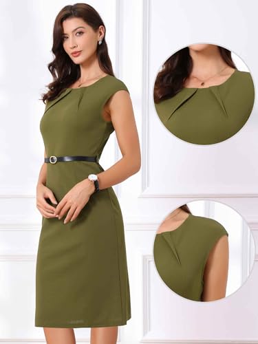 Image of Allegra K Business Dress for Women's Work Elegant 2026 Cap Sleeve Belted Office Sheath Dresses