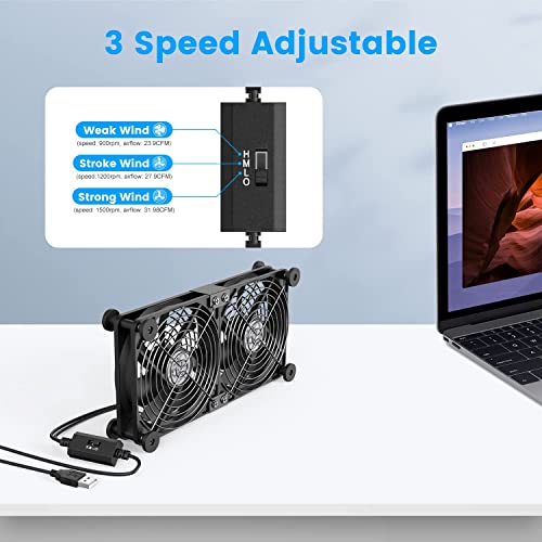 ELUTENG Computer Fan 120mm Dual Row 2 in 1 with 3 Adjustable Speed USB PC Fans 5V Electronics USB Cooling Fan with 8 Shock-Absorbing Feet for Cabinet/Router/PS5/Laptop/TV Box