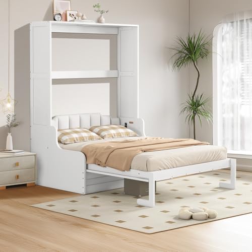 CAPCAEK Queen Size Murphy Bed Wall Bed with Cushion Under Chair,Space-Saving Cabinet Bed, Horizontal Murphy Bed Chest for Multipurpose Guest Room or Home Office (White, Queen (U.S. Standard))