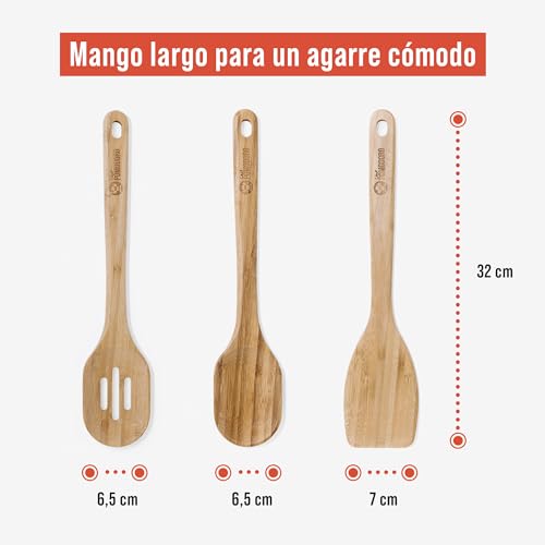 Miniatura 2 de Chef Pomodoro Utensilios De Cocina Madera Set De 3 Piezas Utensilios Cocina Bambú Paleta Cocina Grande 31 Cm, Cuchara Madera Y Cuchara Con Orificios Set Menaje De Cocina